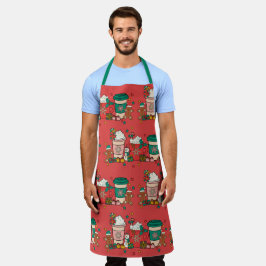 グリーンストラップ付きホリデーコーヒーレッド大エプロン エプロン