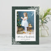 グリーンスノーフレークカリグラフィー写真クリスマスカード シーズンカード (スタンド正面)