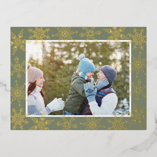 グリーンスノーフレーククリスマスフォト金ゴールド 箔シーズンポストカード (正面)