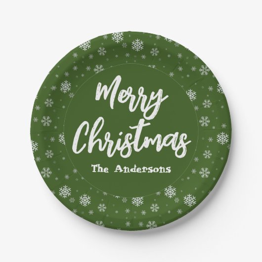 グリーンスノーフレークシンプルズエレガントメリークリスマス ペーパープレート (正面)