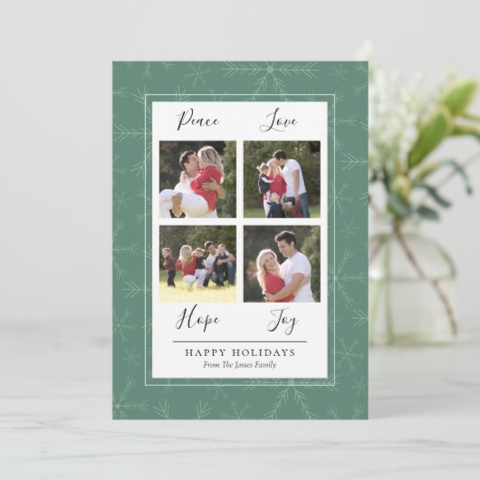 グリーンスノーフレーク4枚フォトクリスマスカード シーズンカード (スタンド正面)
