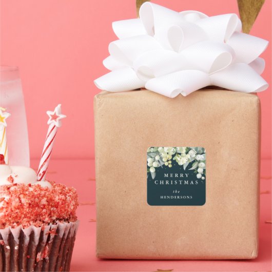 グリーンスノーベリー+ユーカリメリークリスマス/カスタム スクエアシール (パーティー)