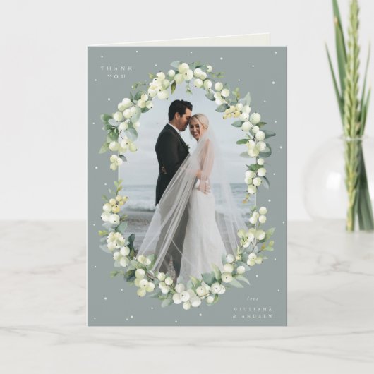グリーンスノーベリー+ユーカリ結婚スの写真を折り畳み サンキューカード (正面)