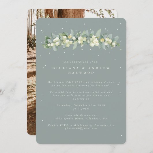グリーンスノーベリー+ユーカリ結婚式レセプションフォト 招待状 (正面/裏面)