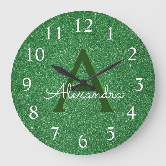 グリーンスパークルグリッターモノグラムネーム&イニシャル ラージ壁時計 (正面)