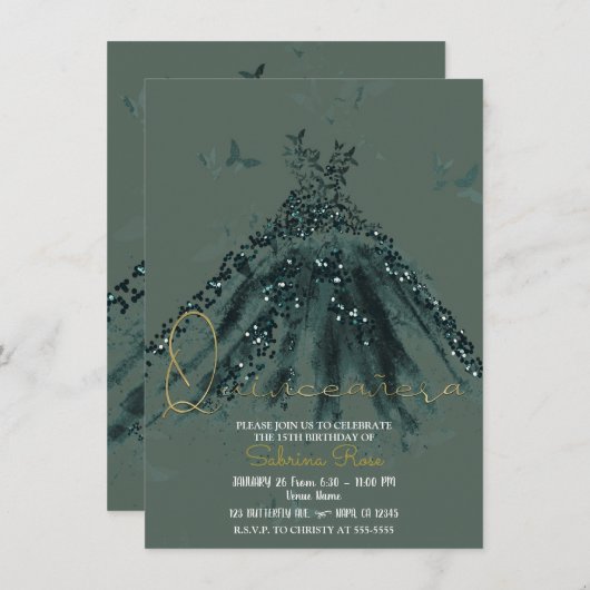 グリーンスパークルバタフライダンスドレスキンセアニラ 招待状 (正面/裏面)