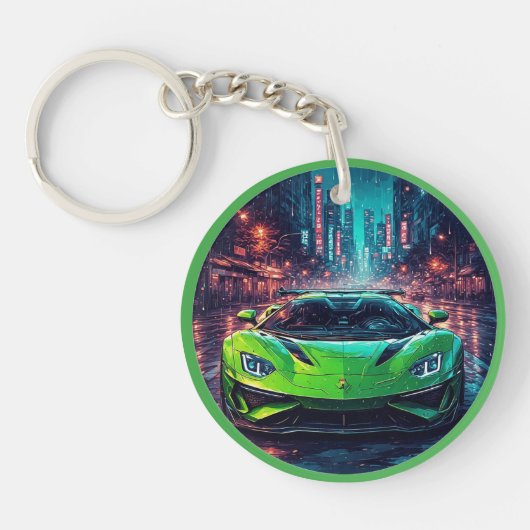 グリーンスポーツカーオンレインネオン通り キーホルダー (正面)