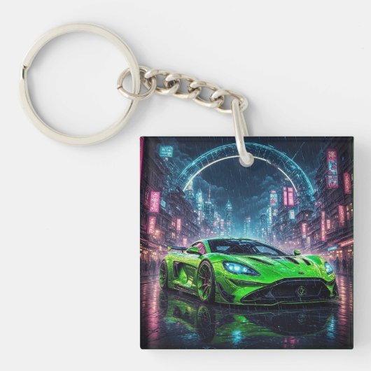 グリーンスポーツカーオンレインネオン通り キーホルダー (正面)