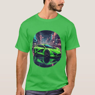 グリーンスポーツカーオンレインネオン通り Tシャツ