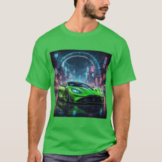 グリーンスポーツカーオンレインネオン通り Tシャツ