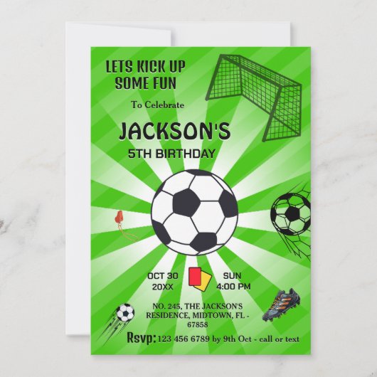 グリーンスポーツボールモダンサッカーをテーマにした5歳の誕生日 招待状 (正面)