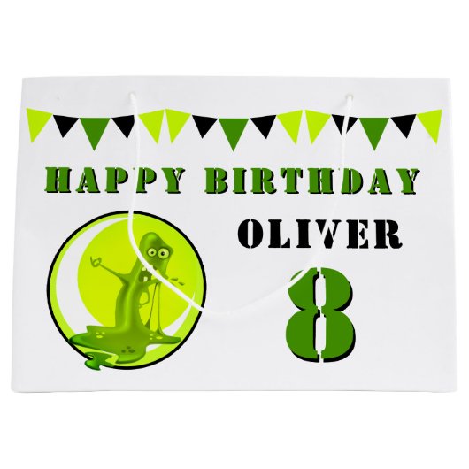 グリーンスライムおもしろいモンスターキッド誕生日 ラージペーパーバッグ (正面)