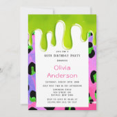 グリーンスライムピンクヒョウ印刷00th誕生日パーティー 招待状 (正面)