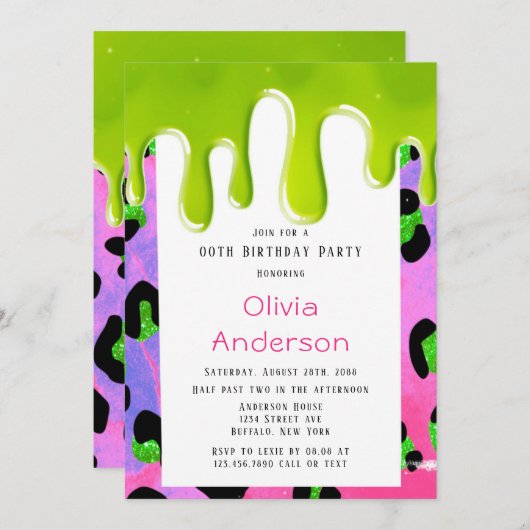 グリーンスライムピンクヒョウ印刷00th誕生日パーティー 招待状 (正面/裏面)