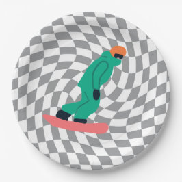 グリーンスーツのグレーのフリーライド市松模様にスノーボーダー ペーパープレート