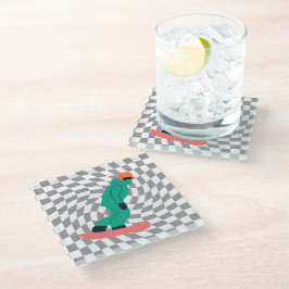 グリーンスーツを着たフリーライド市松模様にスノーボーダー ガラスコースター