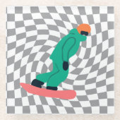 グリーンスーツを着たフリーライド市松模様にスノーボーダー ガラスコースター (正面)