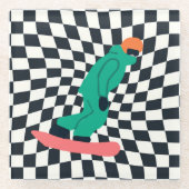 グリーンスーツを着たフリーライド市松模様にスノーボーダー ガラスコースター (正面)