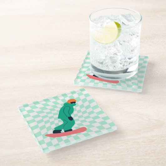グリーンスーツを着たフリーライド市松模様にスノーボーダー ガラスコースター (アングル)
