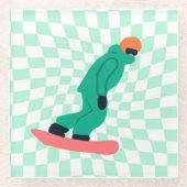 グリーンスーツを着たフリーライド市松模様にスノーボーダー ガラスコースター (正面)