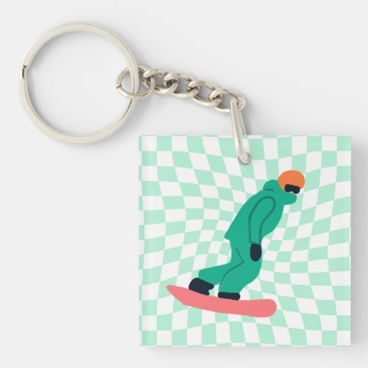 グリーンスーツを着たフリーライド市松模様にスノーボーダー キーホルダー (正面)