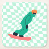 グリーンスーツを着たフリーライド市松模様にスノーボーダー スクエアペーパーコースター (正面)