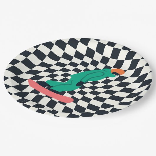 グリーンスーツを着たフリーライド市松模様にスノーボーダー ペーパープレート (アングル)