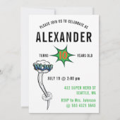 グリーンスーパーヒーローマッスルマンアクアおもしろい誕生日 招待状 (裏面)