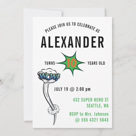 グリーンスーパーヒーローマッスルマンアクアおもしろい誕生日 招待状 (裏面)