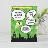 グリーンスーパーヘロス漫画ブックスタイルバースデーパーティー 招待状 (スタンド正面)