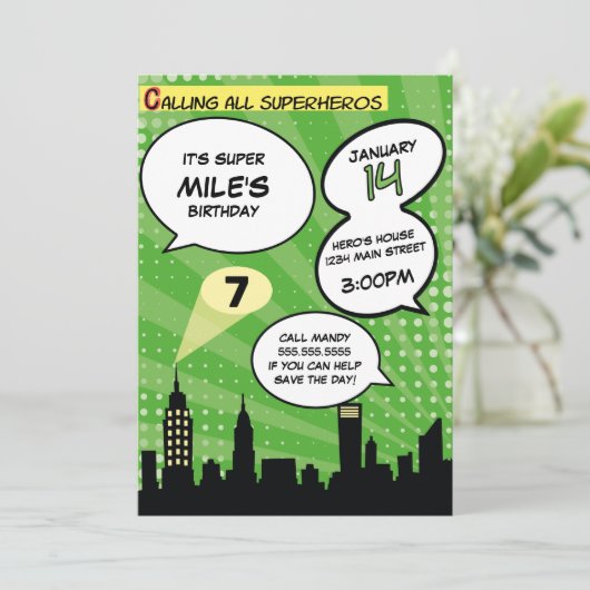 グリーンスーパーヘロス漫画ブックスタイルバースデーパーティー 招待状 (スタンド正面)
