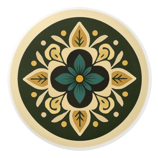 グリーンズアンドクリームコテージコアフォークアート セラミックノブ (正面)