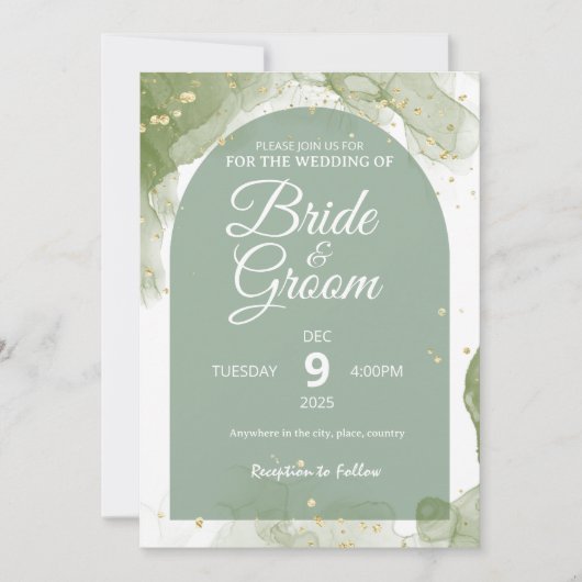 グリーンセージのフラットカード 結婚式の招待状 編集可能 (正面)