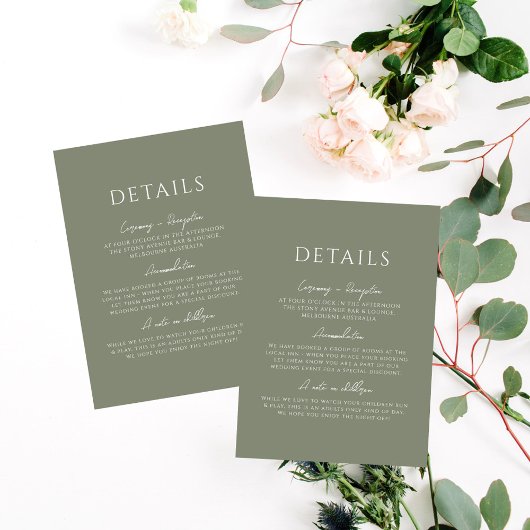 グリーンセージミニマリストエレガントウェディング詳細 エンクロージャーカード