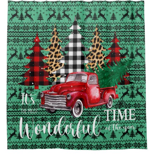 グリーンセータートナディアヴィンテージレッドトラッククリスマス シャワーカーテン (正面)