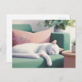 グリーンソファで寝る白猫/猫好き ポストカード (正面/裏面)