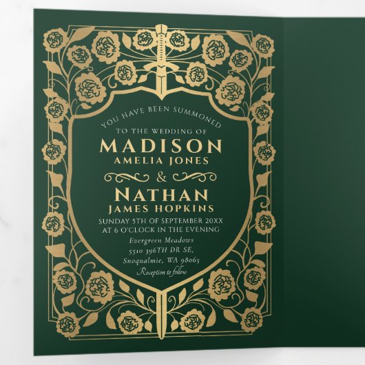 グリーンソードシールド中世ファンタジー結婚ズ 三つ折り招待状 (内部最初)
