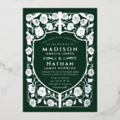 グリーンソードシールド中世モノグラム結婚ズ 箔招待状 (正面)