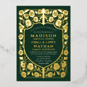 グリーンソードシールド中世モノグラム結婚ズ 箔招待状 (正面)