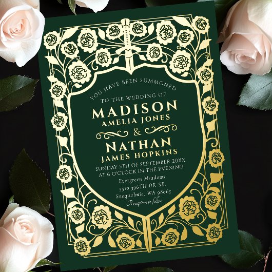 グリーンソードシールド中世モノグラム結婚ズ 箔招待状