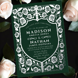 グリーンソードシールド中世モノグラム結婚ズ 箔招待状