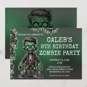 グリーンゾンビキッズ&スライムハロウィン 誕生日パーティー 招待状 (正面/裏面)