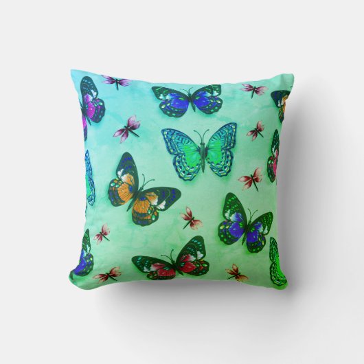 グリーンタイダイ蝶プリント装飾用クッション クッション (正面)