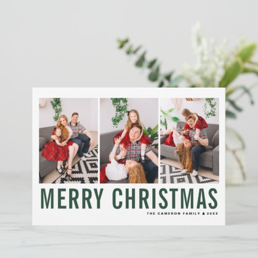 グリーンタイポグラフィフォトコラージメリークリスマス シーズンカード (スタンド正面)