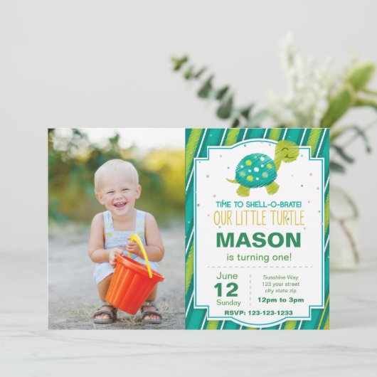 グリーンタストライプートル誕生日招待状w写真 招待状 (スタンド正面)