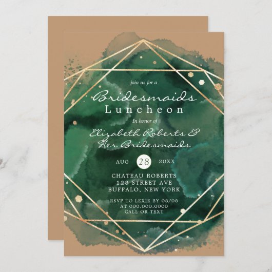 グリーンタン金ゴールド絵を描ブリデスメイドランチョン招待状 (正面/裏面)