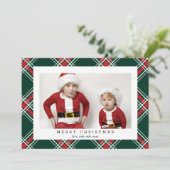 グリーンタータンチェックのクリスマス休暇用フォトカード シーズンカード (スタンド正面)