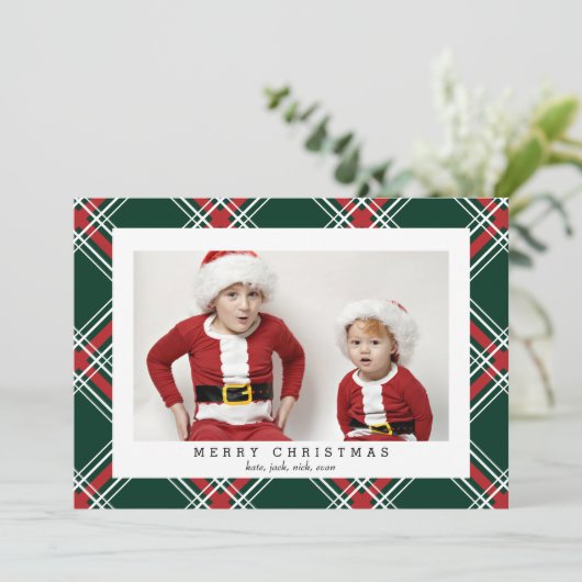 グリーンタータンチェックのクリスマス休暇用フォトカード シーズンカード (スタンド正面)