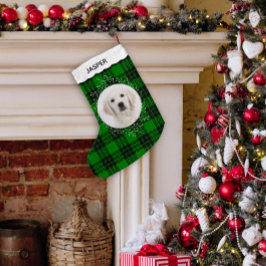 グリーンタータンチェックの冬リースのペット犬の写真 スモールクリスマスストッキング