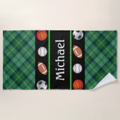 グリーンタータンチェックバスケットボール野球サッカー ビーチタオル (正面)